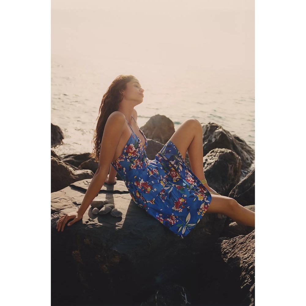 Anthropologie Emily Halter Mini Dress Womens S Blue Floral Tiered Romantic